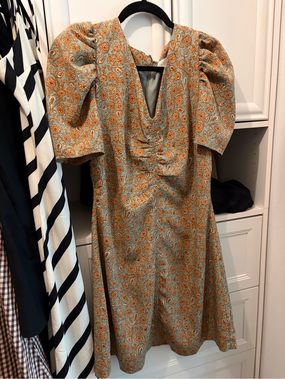 Treasure & Bond Sage Green and Mustard Floral Puff-Sleeve Midi Dress
